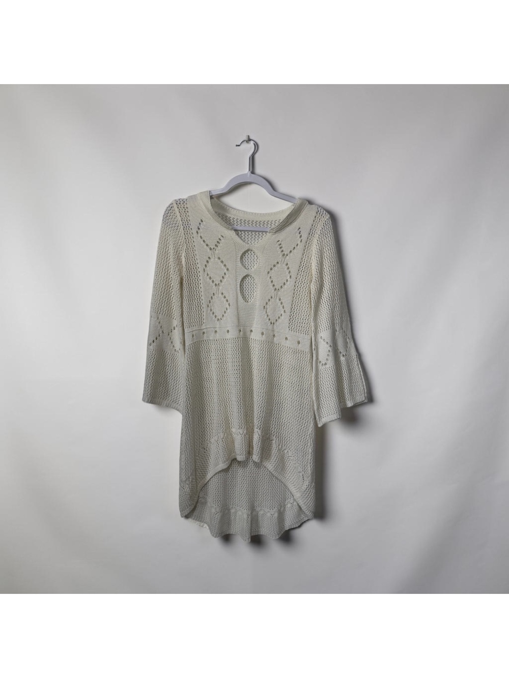 Boho Hippie Coastal Grandma White Knit Sweater Tunic with Patterned Open Weave